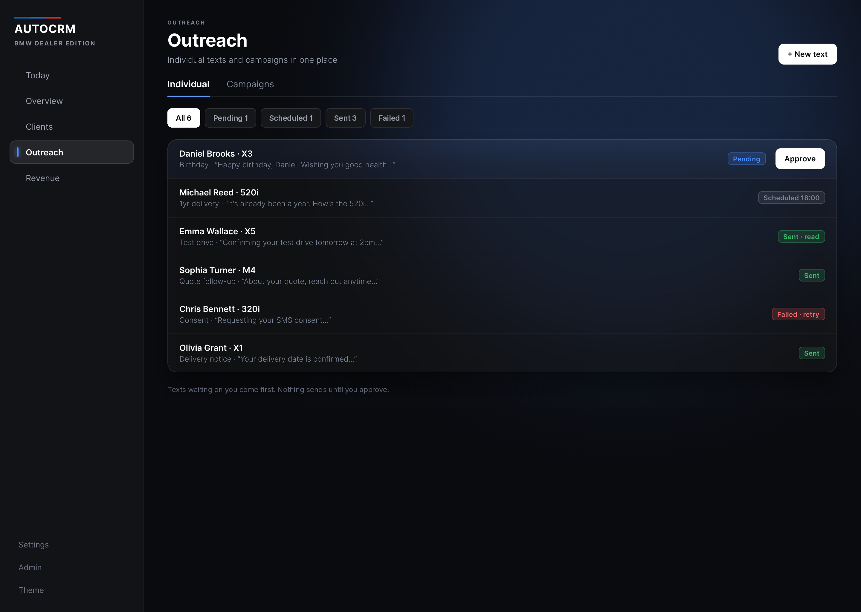 Outreach screen: Pending filter selected, one draft with an Approve button, others tagged scheduled, sent or failed