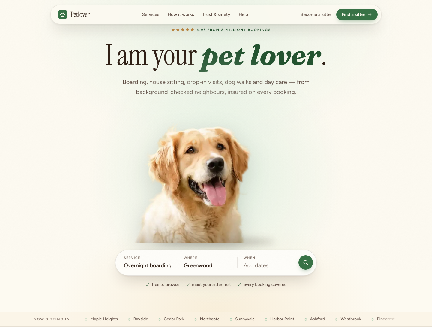 Petlover website beside a golden retriever in a warm home