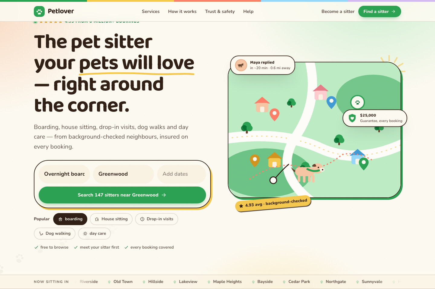 Original Petlover homepage with an illustrated scene and colourful composition
