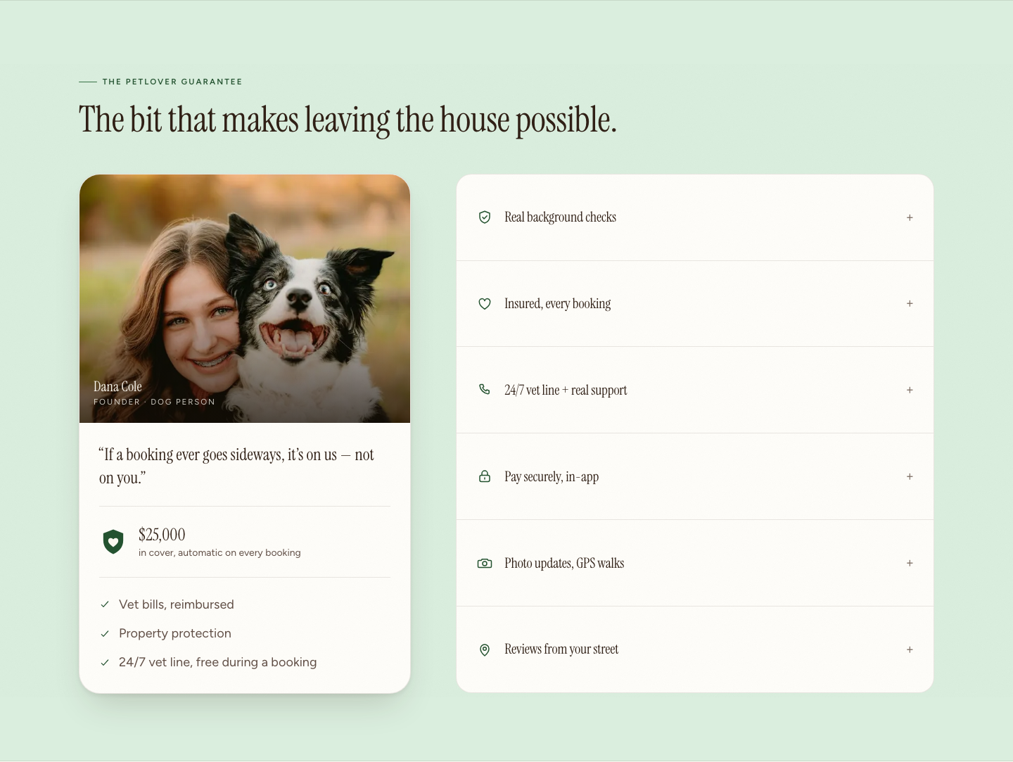 Petlover safety section presenting the existing protection and support information